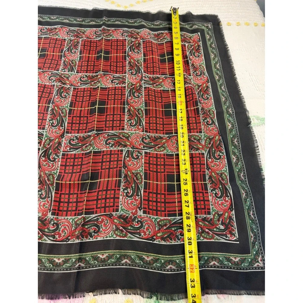 Vintage Made in Italy Plaid Paisley Square Scarf Red Black Fringed 32x32